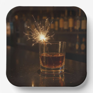 Birthday Party Sparkler In a Glass Of Whiskey Paper Plate