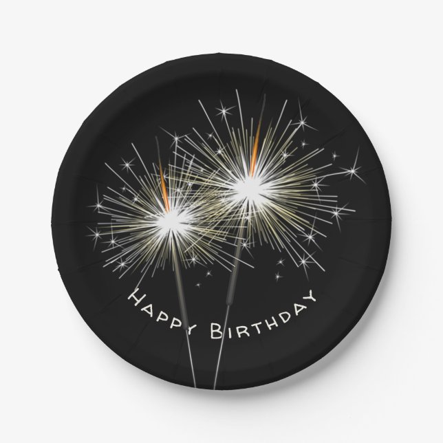 Birthday Party Sparklers on Black Paper Plate (Front)