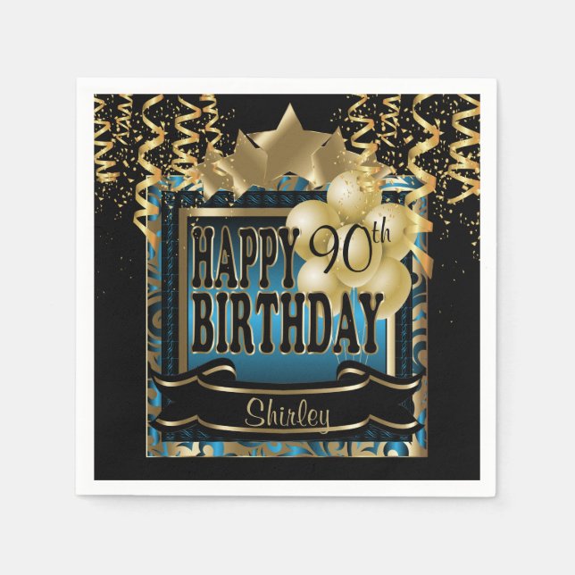Birthday Party Star | Blue Metallic & Gold Napkin (Front)