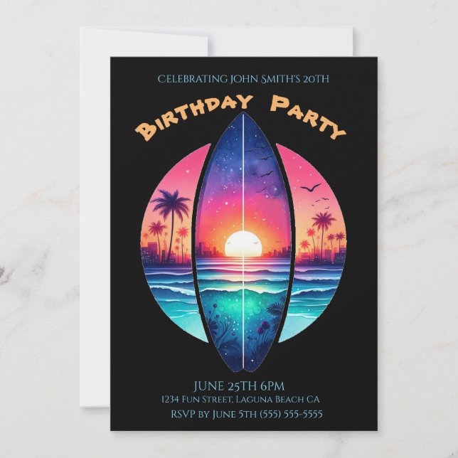 Birthday Party-Surfboard in a Sunset Invitation (Front)