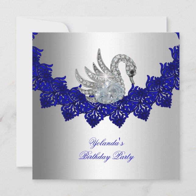 Birthday Party Swan Blue Silver Invitation (Front)