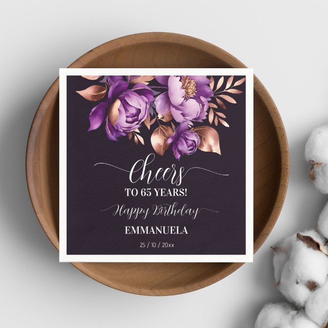  Birthday party tableware purple peonies template Napkin (Birthday party tableware purple peonies template Napkins personalized name adults birthday napkins)