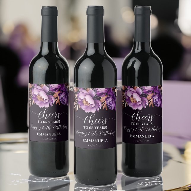  Birthday party tableware purple peonies template Wine Label (Birthday party tableware purple peonies template Wine Label personalized party wine labels)
