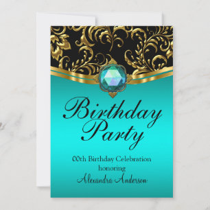 Birthday Party Teal Blue Black Gold Damask Invitation