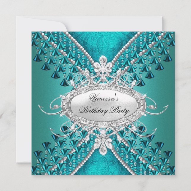 Birthday Party Teal Blue Diamond Beads Invitation (Front)