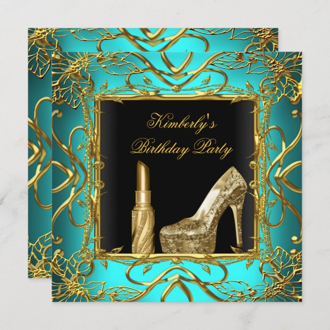 Birthday Party Teal Blue Gold Black Shoe Lipstick Invitation (Front/Back)
