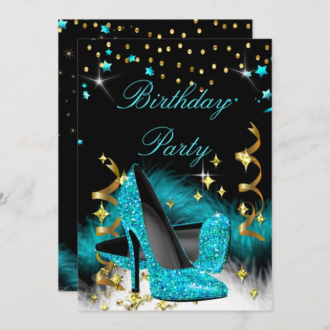 Birthday Party Teal Blue High Heels Sparkle Invitation (Front/Back)