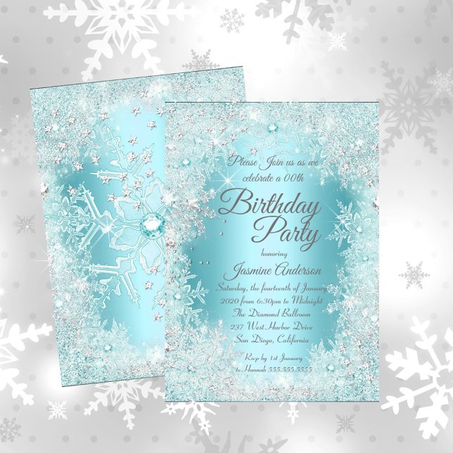 Birthday Party Teal blue Silver Winter Wonderland Invitation (Creator Uploaded)