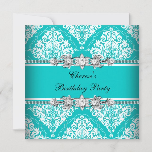 Birthday Party Teal Blue White Damask Floral Invitation (Front)