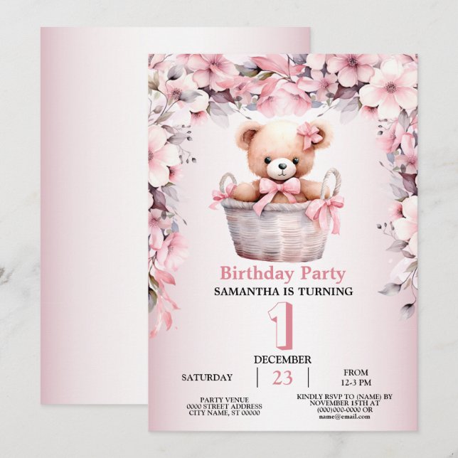 Birthday Party Teddy Bear Baby Girl Pink Flowers Invitation (Front/Back)