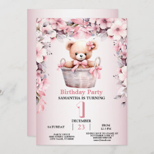 Birthday Party Teddy Bear Baby Girl Pink Flowers Invitation