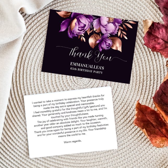 Birthday party thank you purple peonies template (Birthday party thank you card purple peonies rose gold flowers template thank you card)