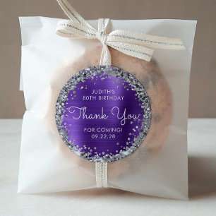 Birthday Party Thank You Purple Silver Glitter Classic Round Sticker