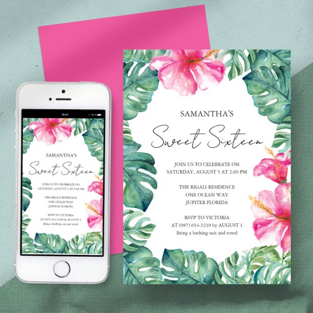 Birthday Party Tropical Aloha Theme Invitation (Birthday party sweet 16 invitation tropical watercolor art and design by Victoria Grigaliunas)