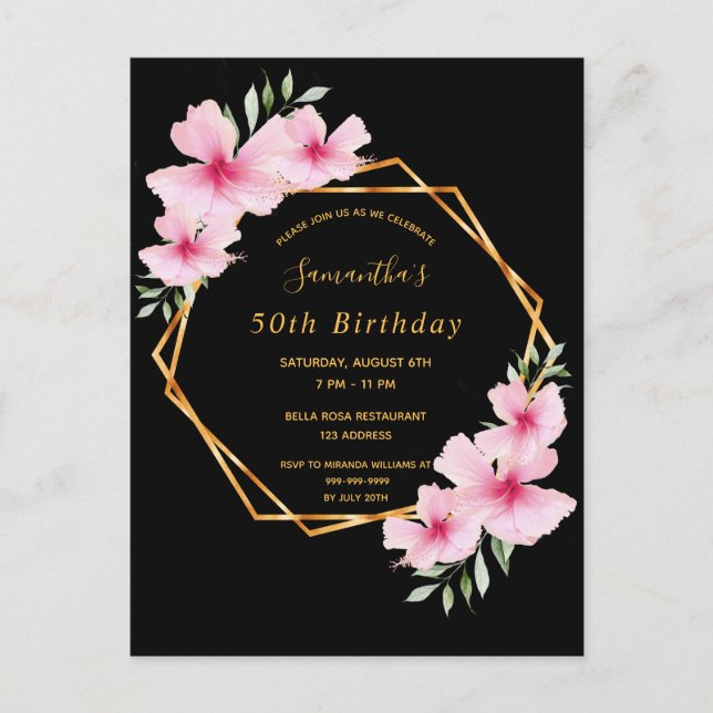 Birthday party tropical geometric black invitation postcard (Front)
