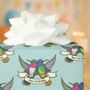 Birthday Party Two Colourful Hummingbirds Cartoon Wrapping Paper