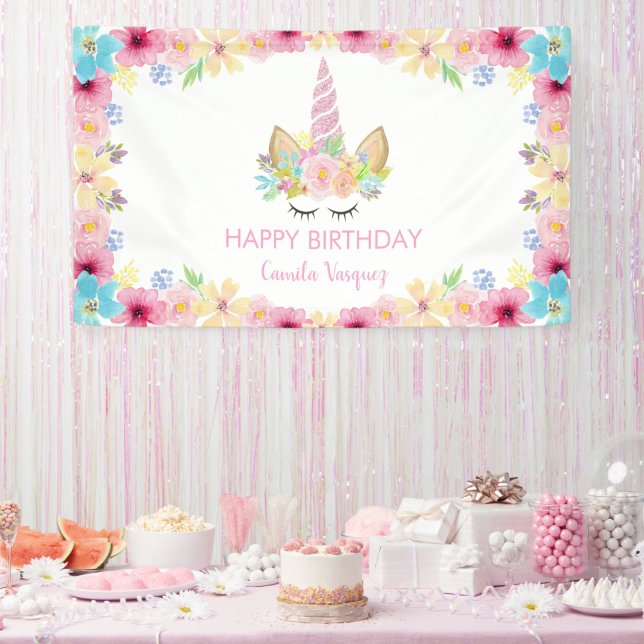 Birthday Party Unicorn Floral Magical and Colourfu Banner (Creator Uploaded)