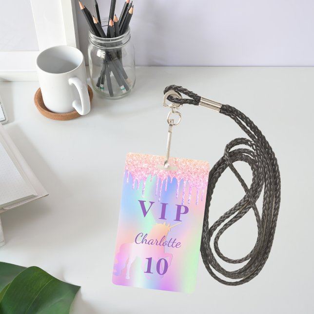 Birthday party unicorn glitter name VIP invitation ID Badge (Creator Uploaded)
