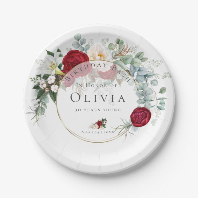 Birthday Party | Vibrant Red Peony Bouquet Paper Plate (Front)