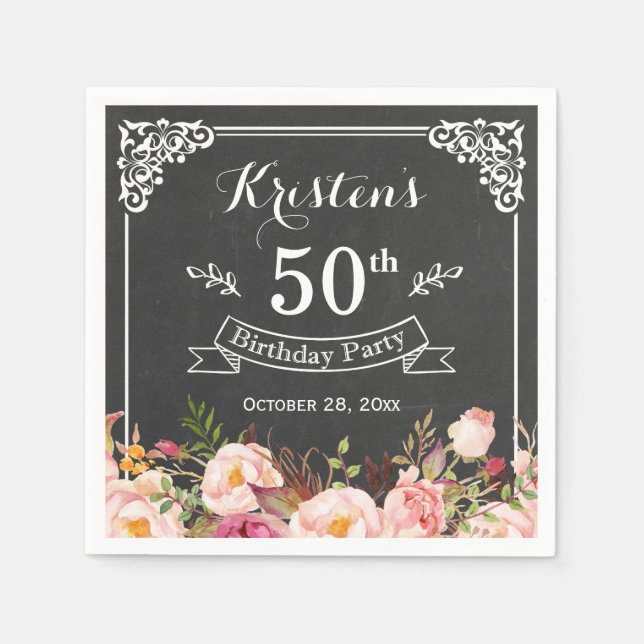 Birthday Party Vintage Frame Chalkboard Flowers Napkin (Front)