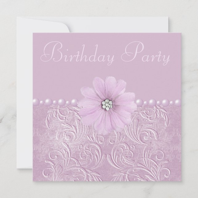 Birthday Party Vintage Lilac Flowers & Pearls Invitation (Front)