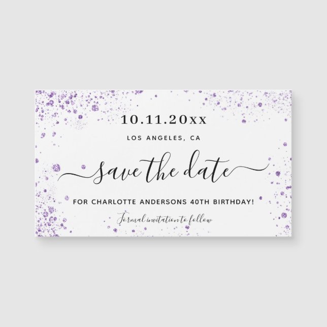 Birthday party violet glitter save the date magnet (Front)