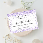 Birthday party violet glitter white save the date<br><div class="desc">A girly and trendy Save the Date card for a 40th (or any age) birthday party. A white colored background decorated with faux glitter, sparkles. Personalize and add a date and name/age 40. Black colored letters. The text: Save the Date is written with a large trendy hand lettered style script....</div>