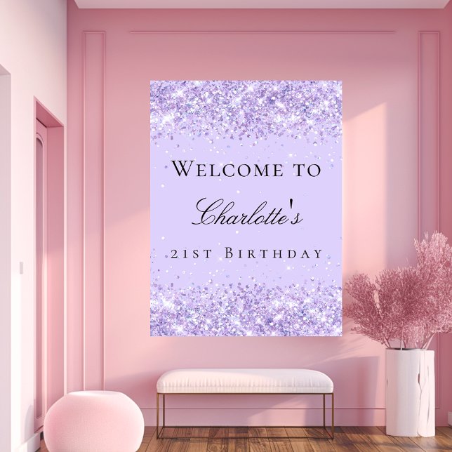 Birthday party violet lavender glitter name poster (Creator Uploaded)