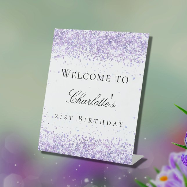 Birthday party violet lavender white welcome pedestal sign (Creator Uploaded)