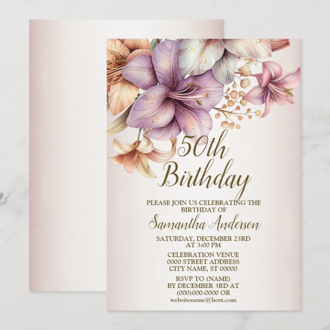 Birthday Party Watercolor Boho Pink Flower Elegant Invitation (Front/Back)