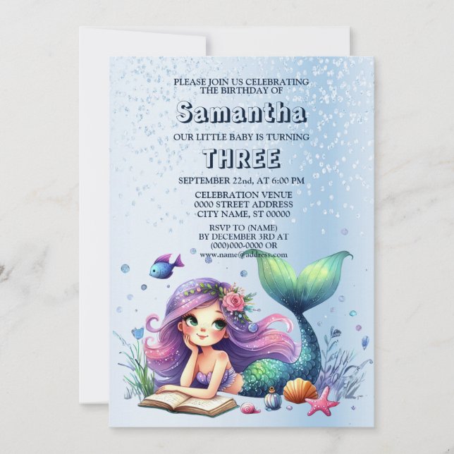 Birthday Party Watercolor Mermaid Sea Life Cute Invitation (Front)