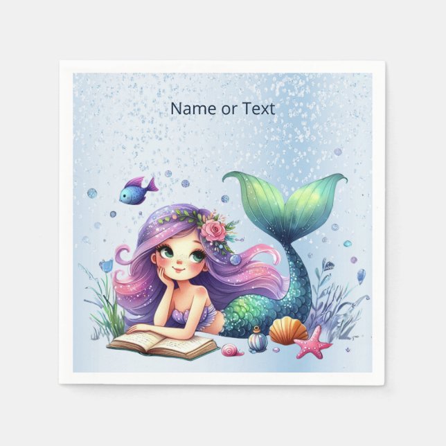 Birthday Party Watercolor Mermaid Sea Life Cute Napkin (Front)