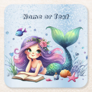 Birthday Party Watercolor Mermaid Sea Life Cute Square Paper Coaster