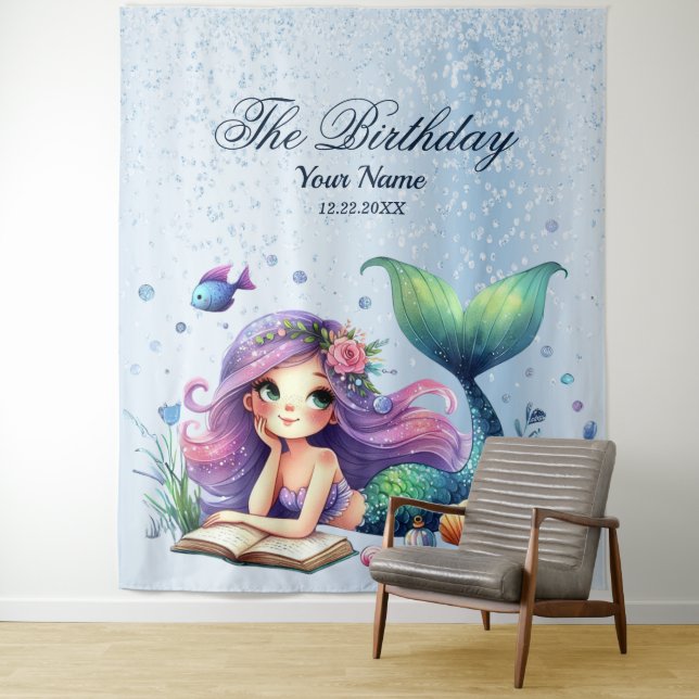 Birthday Party Watercolor Mermaid Sea Life Cute Tapestry (In Situ)