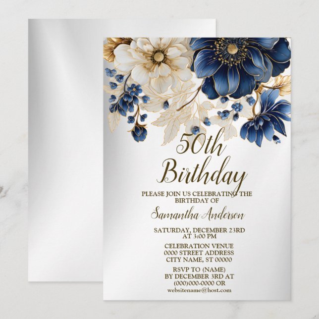 Birthday Party Watercolor Navy Blue White Flowers Invitation (Front/Back)