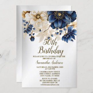 Birthday Party Watercolor Navy Blue White Flowers Invitation