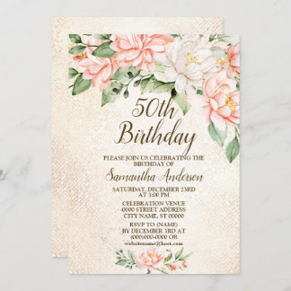 Birthday Party Watercolor Peach White Flowers Invitation