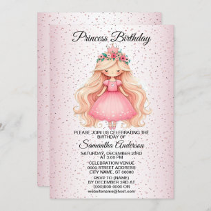 Birthday Party Watercolor Pink Princess Cute Invitation