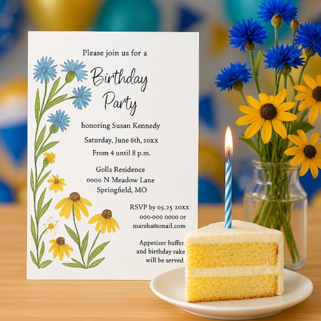 Birthday Party Watercolor Wildflowers  Invitation (Birthday invitation featuring floral, blue, yellow wildflowers, a summer party theme, watercolor )