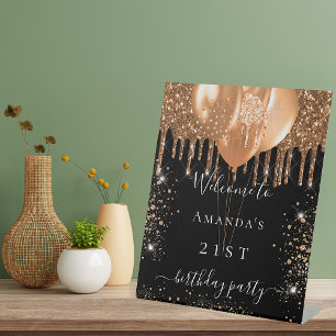 Birthday party welcome black gold glitter drips  pedestal sign