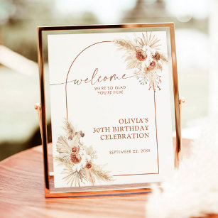 Birthday Party Welcome Sign   Boho Pampas Grass