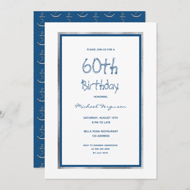 Birthday party white blue silver nautical invitation (Front/Back)