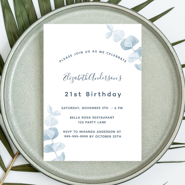Birthday party white dusty blue eucalyptus invitation (Creator Uploaded)