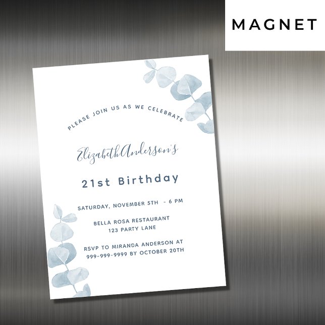 Birthday party white dusty blue eucalyptus luxury magnetic invitation (Creator Uploaded)