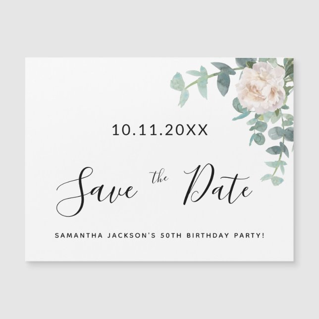 Birthday party white floral greenery save the date (Front)