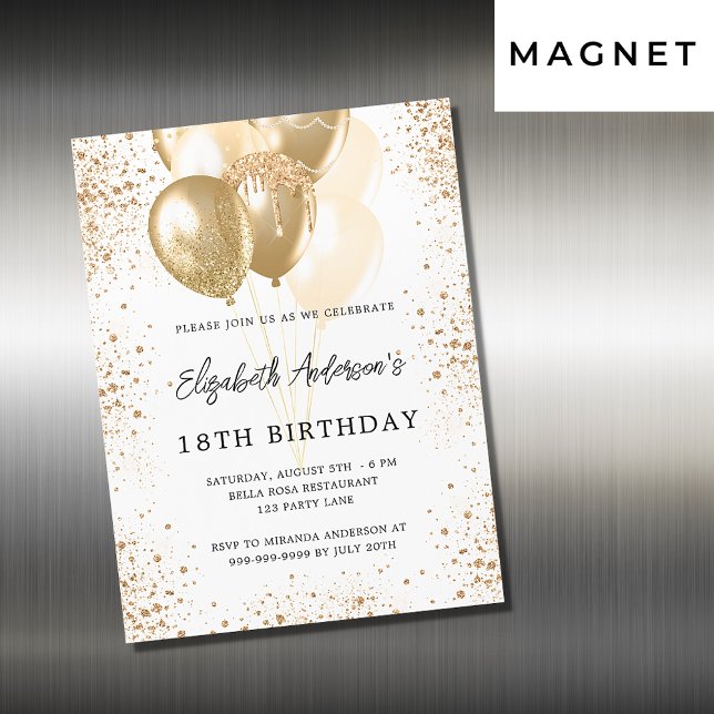 Birthday party white gold glitter balloons luxury magnetic invitation (Creator Uploaded)