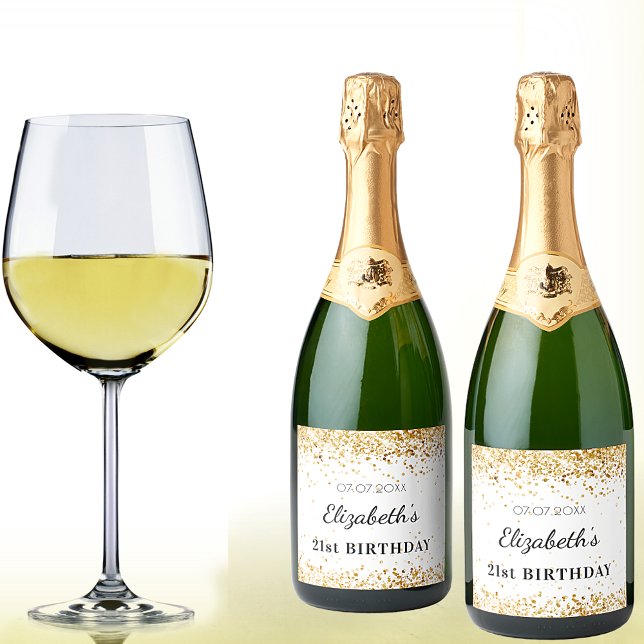 Birthday party white gold glitter dust name sparkling wine label (Creator Uploaded)
