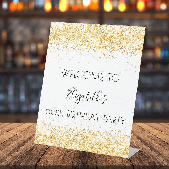 Birthday party white gold glitter dust welcome pedestal sign (Creator Uploaded)