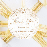 Birthday Party white gold glitter name Thank You Classic Round Sticker<br><div class="desc">A sticker for a girly and glamourous 50th (or any age) birthday party.  A stylish white background with dark faux gold glitter dust. The text: Thank You is written with a large modern hand lettered style script. Personalise and add a name and age 50.</div>