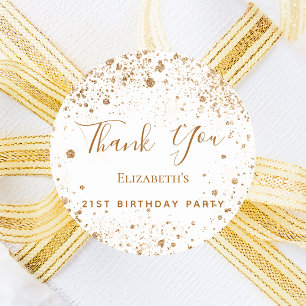 Birthday Party white gold glitter name Thank You Classic Round Sticker